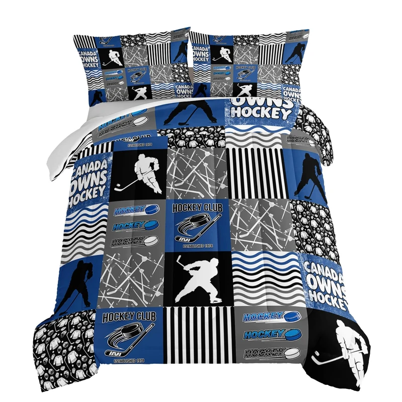 HOSIMA Ice Hockey Queen Size Comforter Sets for Boys Kids Teens Bedroom Decor,Soft Microfiber Sports Theme Blue and Gray Hockey Bedding with 2 Pillowcases,Hockey Player Bedding Comforters & Sets.