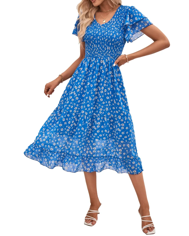 BTFBM Women Casual Summer Short Ruffles Tiered Sleeve Smocked Midi Dresses Bohemian Floral V Neck Wedding Guest Long Dresses, Floral Blue White, S