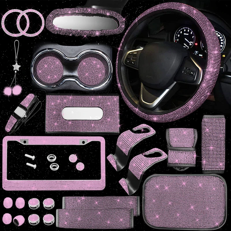 JINSEN 25 PCS Bling Car Accessories Set for Women Bling Steering Wheel Cover Bling Steering Wheel Cover for Women Universal Fit 15 Inch, Bling Rearview Mirror Set,Bling Car Tissue Box(Pink)