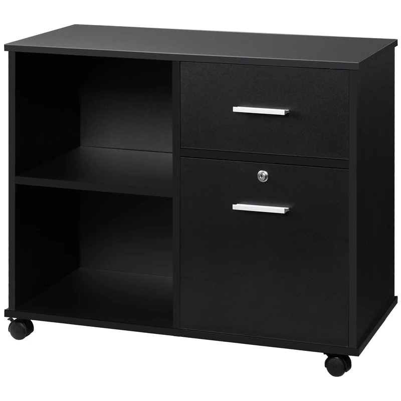 Vinsetto Filing Cabinet, Mobile Printer Stand with Wheels, Open Shelves and Lockable Drawer for A4 Size Documents, Black