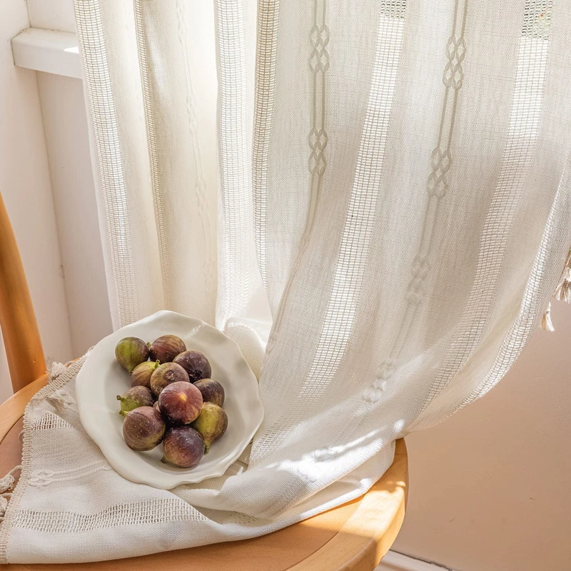 ENJOYBRIDAL Off White Curtains 96 Inch Length 2 Panels Boho Semi Sheer Drapes Cream Embroidered Tassel Rod Pocket Hollow Window Curtain Panels Farmhouse Window Treatment for Bedroom Living Room