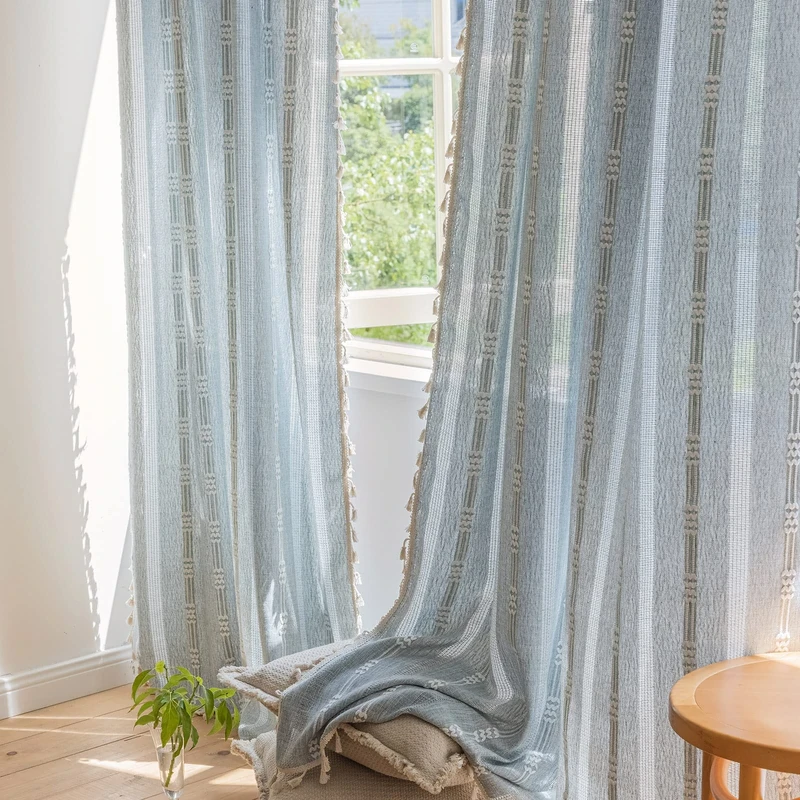 ENJOYBRIDAL Boho Curtains 63 Inch Length 2 Panels Semi Sheer Blue Grey Drapes Embroidered Tassel Rod Pocket Short Hollow Out Window Curtain Panels Farmhouse Window Treatment for Bedroom Living Room