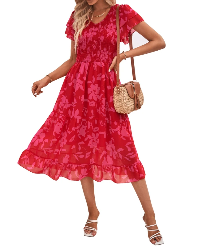 BTFBM Women Casual Summer Short Ruffles Tiered Sleeve Smocked Midi Dresses Bohemian Floral V Neck Wedding Guest Long Dresses, Floral Red, S
