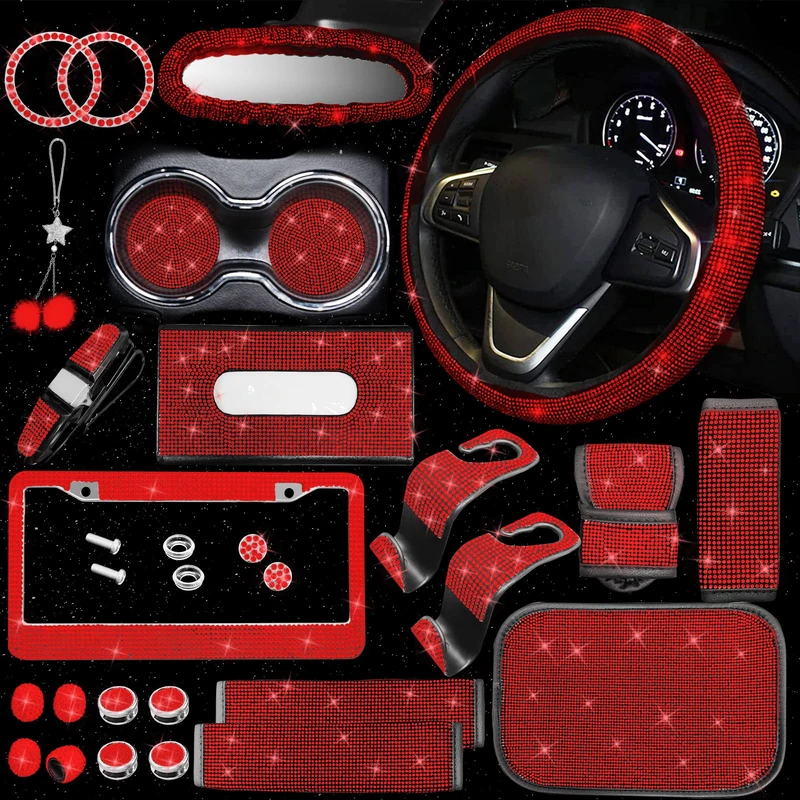JINSEN 25 PCS Bling Car Accessories Set for Women Bling Steering Wheel Cover Bling Steering Wheel Cover for Women Universal Fit 15 Inch, Bling Rearview Mirror Set,Bling Car Tissue Box (Red)