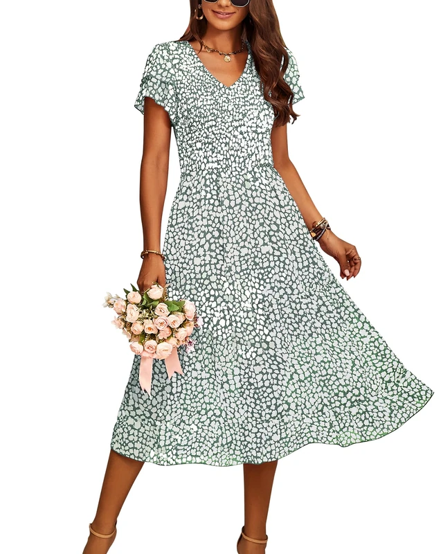 BTFBM Women Casual Summer Short Ruffles Tiered Sleeve Smocked Midi Dresses Bohemian Floral V Neck Wedding Guest Long Dresses, Floral Light Green, S