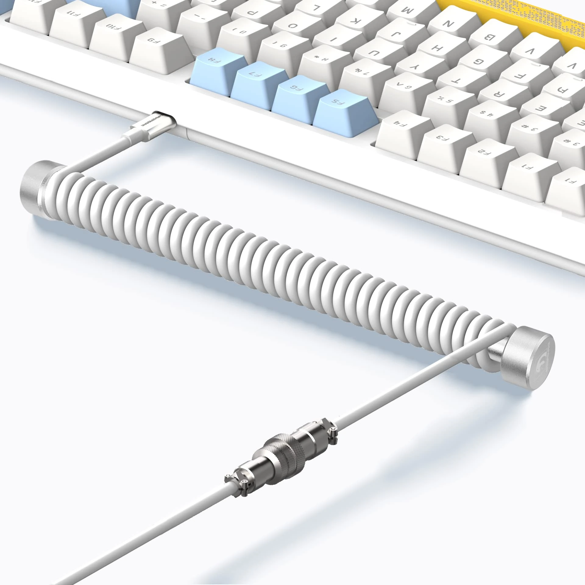 MAMBASNAKE C01 Custom Coiled Keyboard Cable With Metal Aviator Fixed Rod + HyperSpeed USB C Aviation Connector - 8K Hz Return Rate for Gaming Keyboard-White
