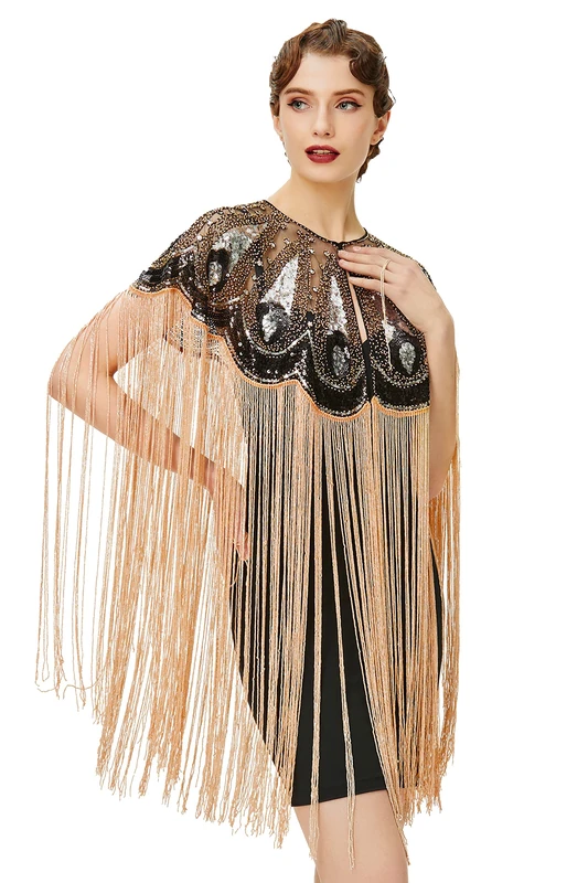 BABEYOND 1920s Shawl Wraps Long Fringed Evening Cape Sequin Beaded Party Shawl, Style 2 - Black Gold, One Size