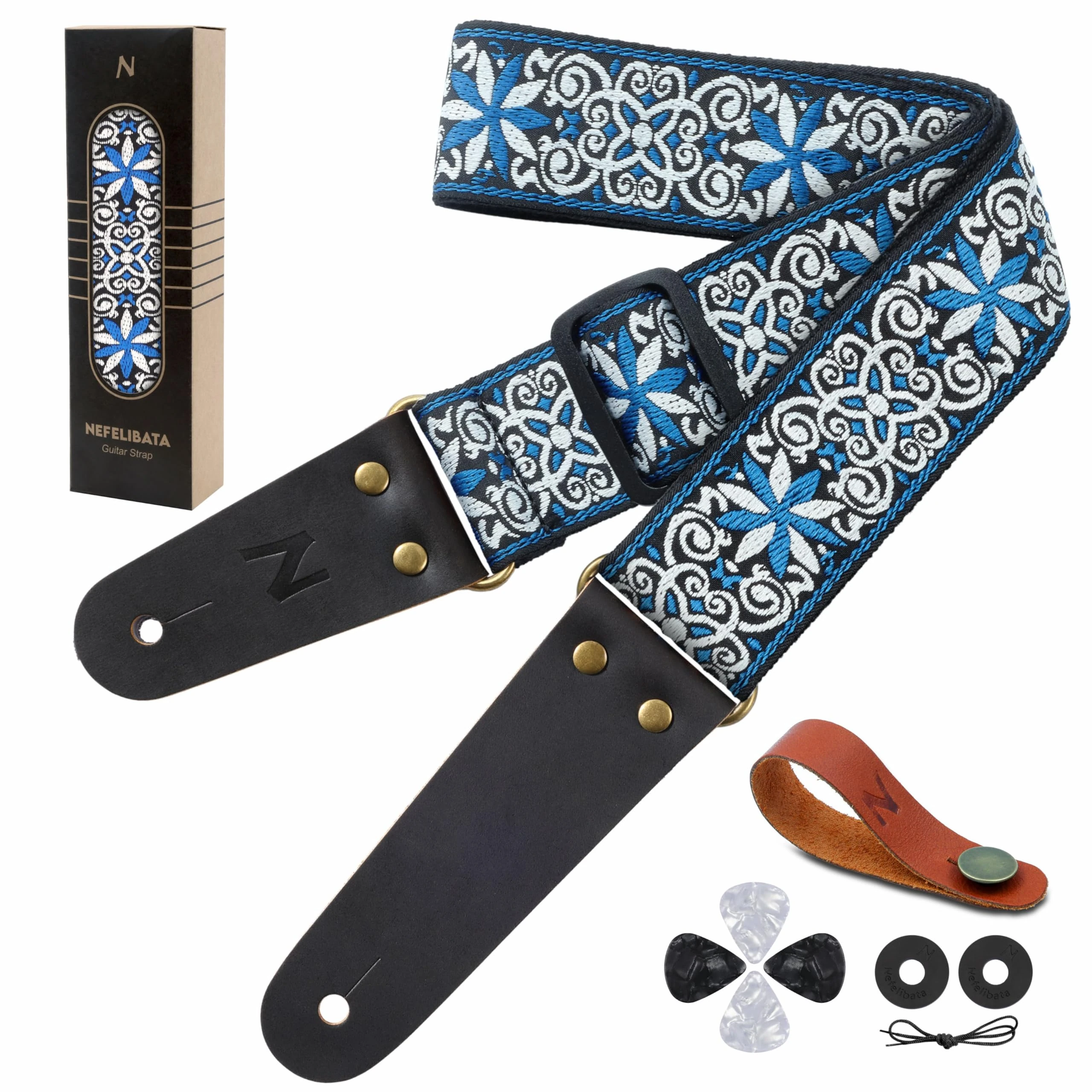 Nefelibata Guitar Strap, Vintage Embroidered Cotton Guitar Straps with Head Cowhide Leather Ends for Bass, Electric & Acoustic Guitars, with Free Strap Button, 1 Pair Strap Locks and 4 Guitar Picks