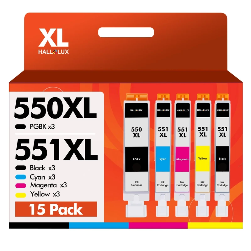 HALLOLUX 550XL 551XL Ink Cartridges High Yield Compatible for Canon PGI-550XL CLI-551XL Pixma MG7550 MG6350 iP7250 MG5650 MG7150 IX6850 MX925 MG7500 MG6450 MG6650 MX725 MX920(PG/B/M/Y/C,15-Pack)