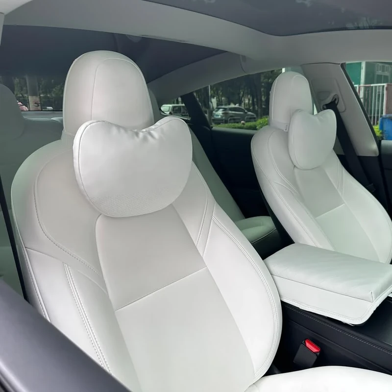 TANOLA TESBEAUTY Tesla Seat Headrest Pillow 2 Packs Tesla Neck Pillow Uniquely Designed for Tesla Model Y/3 Neck Support Cushion Genuine Nappa Leather Visible Strap White