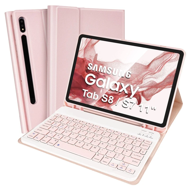 SOPPY Keyboard Case for Samsung Galaxy Tab S10 Lite/S9FE/S9/S8/S7 11 inch, UK Layout, Slim Detachable Keyboard Cover with S Pen Holder for Galaxy Tab S7/S8/S9/S9FE/S10 Lite 11" Tablet, Pink