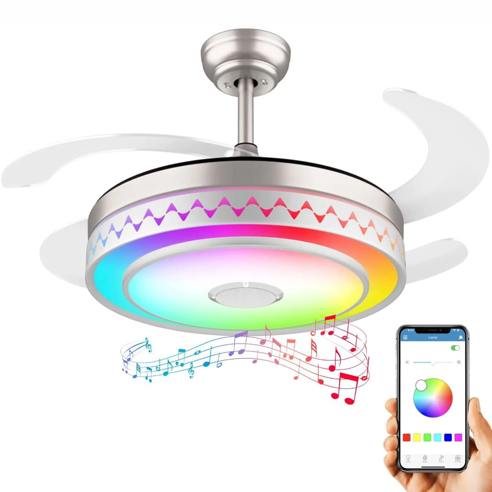 42 Inch Modern Retractable Ceiling Fan with Lights and Bluetooth Speaker Color Change Smart Ceiling Fan 6 Speed Invisible Chandelier Ceiling Fans Light with Remote for Bedroom,Silver