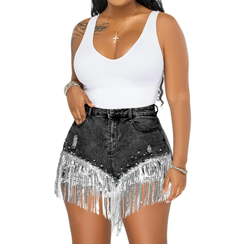 Cyparel Women Summer Denim Shorts High Waisted Ripped Rhinestone Pearl Beaded Fringe Tassels Frayed Raw Hem Blue Jean Shorts, Black Stonewash, L