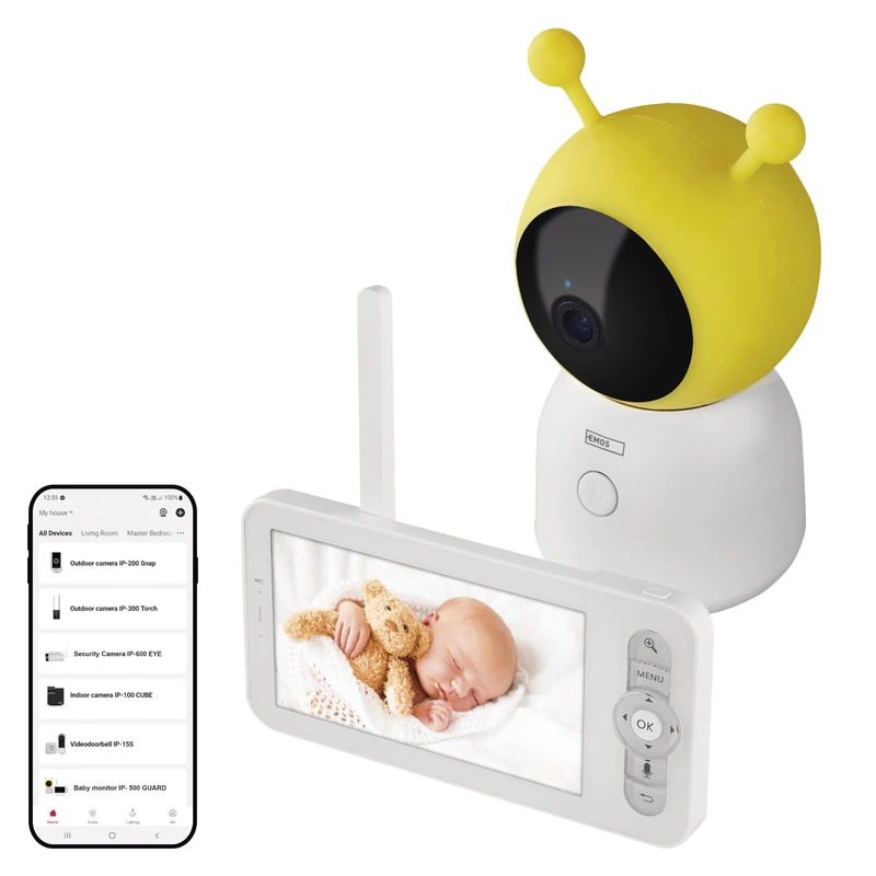 EMOS GoSmart Baby Monitor IP-500 Guard with 5 Inch LCD Monitor and 3000 mAh Battery, WiFi and App, Rotating, Focusable, 2-Way Audio, IR Night Vision, Smart Sensors and Detection Functions, Includes