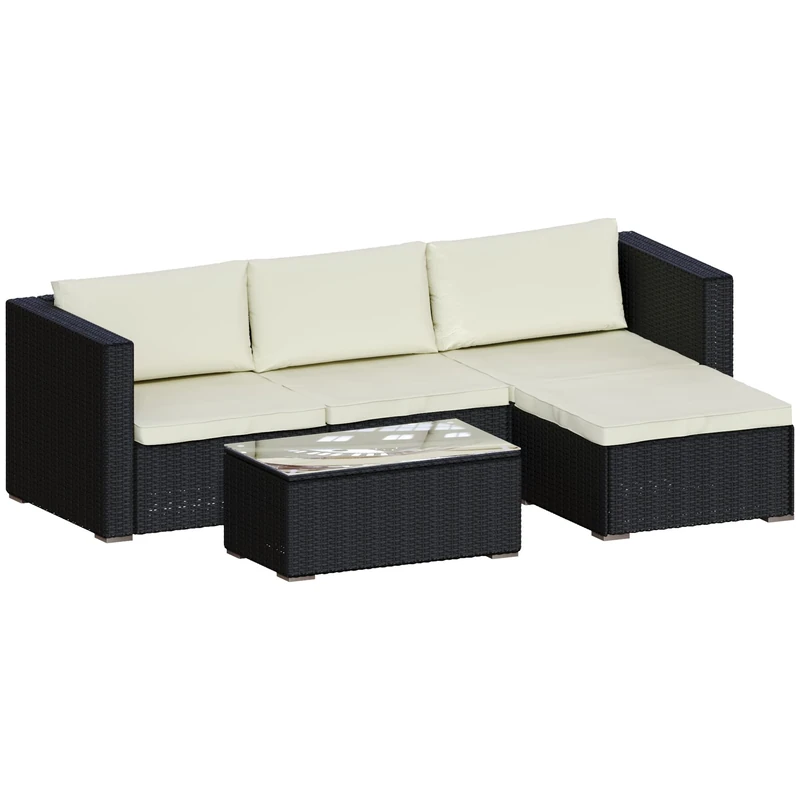 Garde Vida Hampton 4 Seater Corner Rattan Set With Cover | Black | Outdoor Garden Patio Furniture Set | Weather Resistant, Tempered Glass, With Cushions and Cover