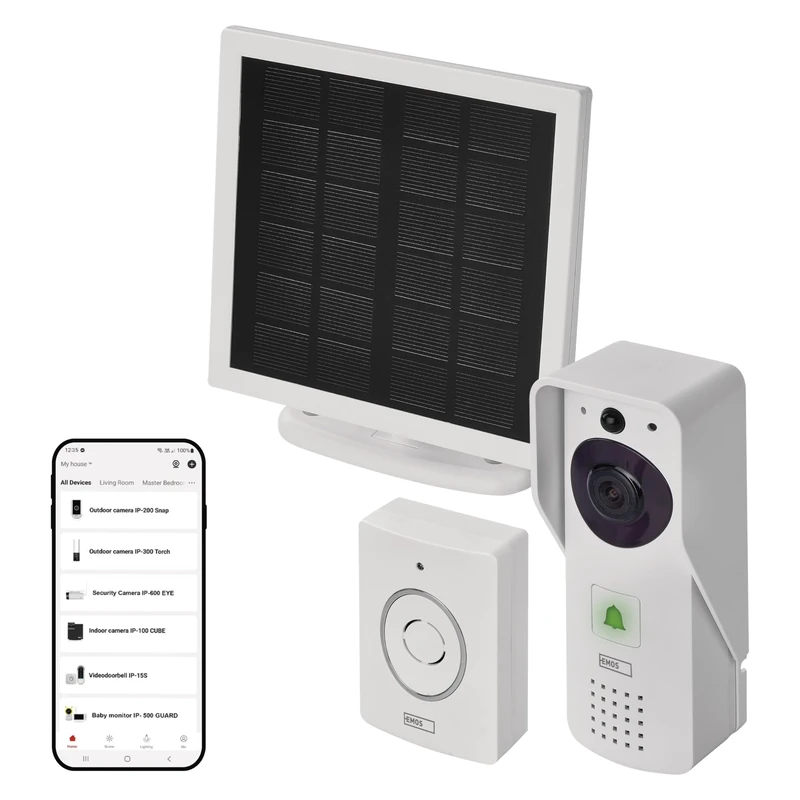 EMOS GoSmart - Smart Home Video Doorbell with App - WiFi - Full HD 1080p Waterproof Camera - Solar Panel/Battery - Bell, Door Lock Control, Anti-Theft Protection - Google Home & Alexa Compatible -