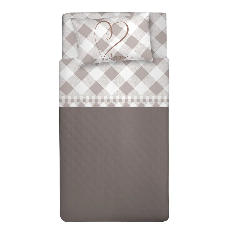 PENSIERI DELICATI 3/4 Bed Sheet Set, 100% Cotton, 120 x 200 cm, Includes Bottom Sheet, Top Sheet and 1 Pillowcase, Made in Italy, Beige Lovely Check Pattern