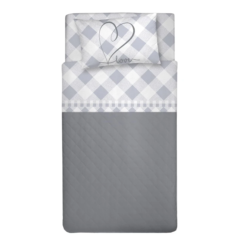 PENSIERI DELICATI 3/4 Bed Sheet Set, 100% Cotton, 120 x 200 cm, Includes Bottom Sheet, Top Sheet and 1 Pillowcase, Made in Italy, Grey Lovely Check Pattern