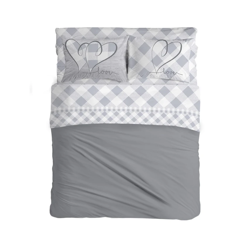 PENSIERI DELICATI Double Bed Sheet Set, 100% Cotton, 180 x 200 cm, Includes Bottom Sheet, Top Sheet and 2 Pillowcases, Made in Italy, Grey Lovely Check Pattern
