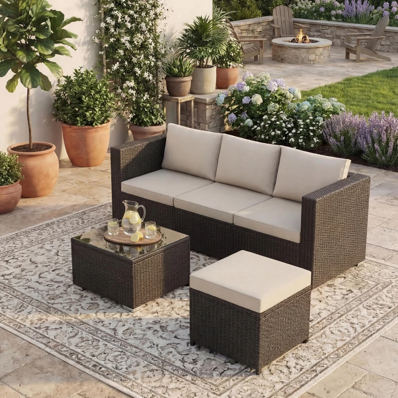 Garde Vida Hampton 4 Seater Corner Rattan Set With Cover | Brown | Outdoor Garden Patio Furniture Set | Weather Resistant, Tempered Glass, With Cushions and Cover