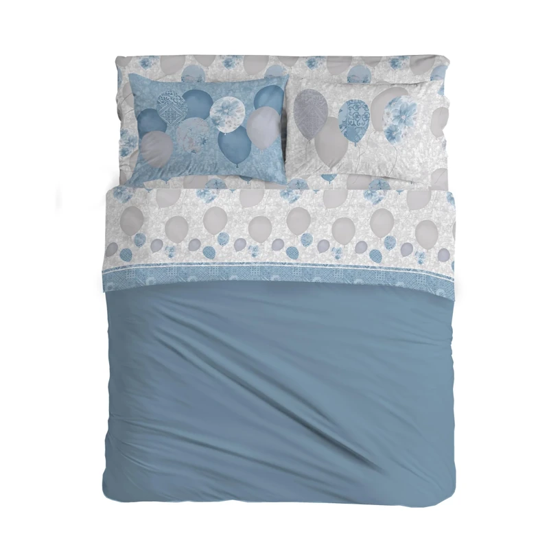 PENSIERI DELICATI 100% Cotton Double Bed Set, 120 x 200 cm, Complete with Bottom Sheet, Top and 1 Pillowcase, Made in Italy, Blue Balloons Design