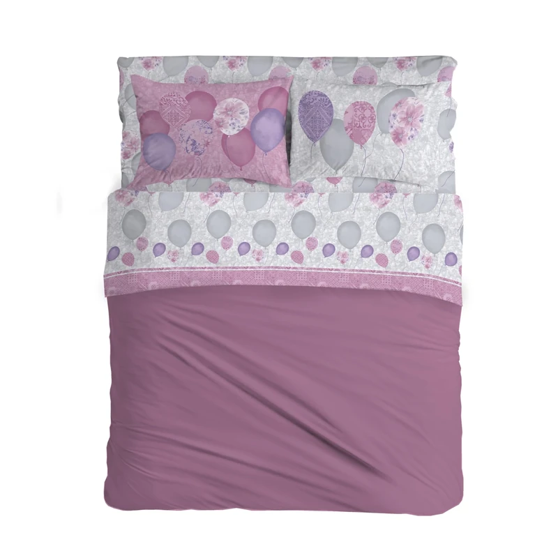 PENSIERI DELICATI Double Bed Sheet Set, 100% Cotton, 180 x 200 cm Double Bed Sheet Set, Includes Bottom Sheet, Top Sheet and 2 Pillowcases, Made in Italy, Pink Balloons Pattern