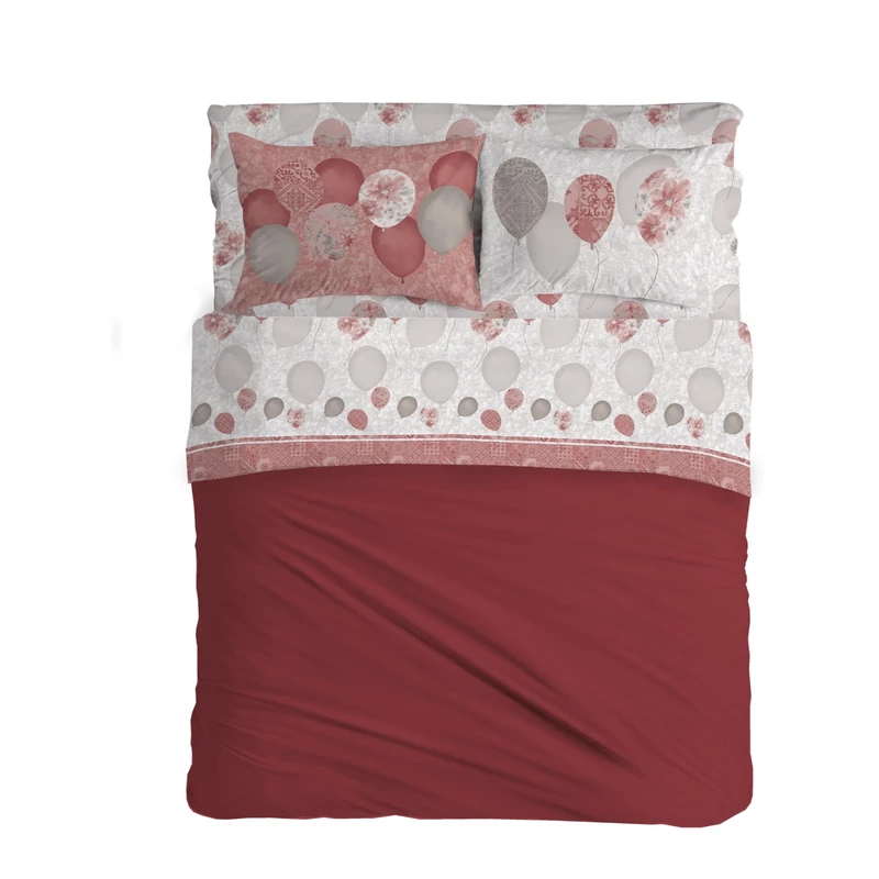 PENSIERI DELICATI Double Bed Sheet Set, 100% Cotton, 180 x 200 cm, Includes Bottom Sheet, Top Sheet and 2 Pillowcases, Made in Italy, Red Balloons Pattern