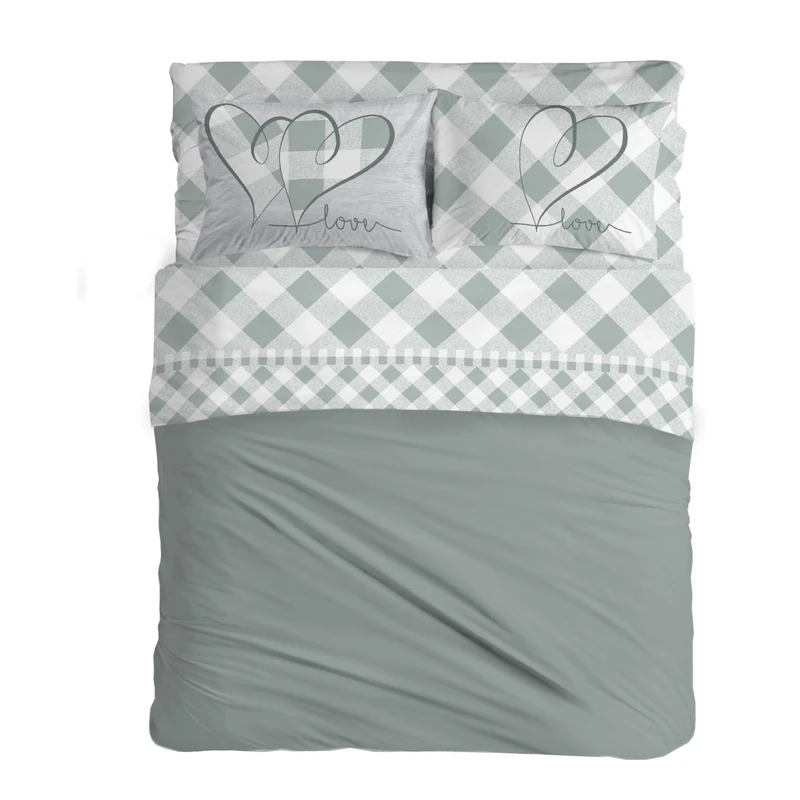 PENSIERI DELICATI Double Bed Set 100% Cotton, Complete Double Bed Sheet Set, 180 x 200 cm, Including Bottom Sheet, Top and 2 Pillowcases, Made in Italy, Lovely Check Green Pattern