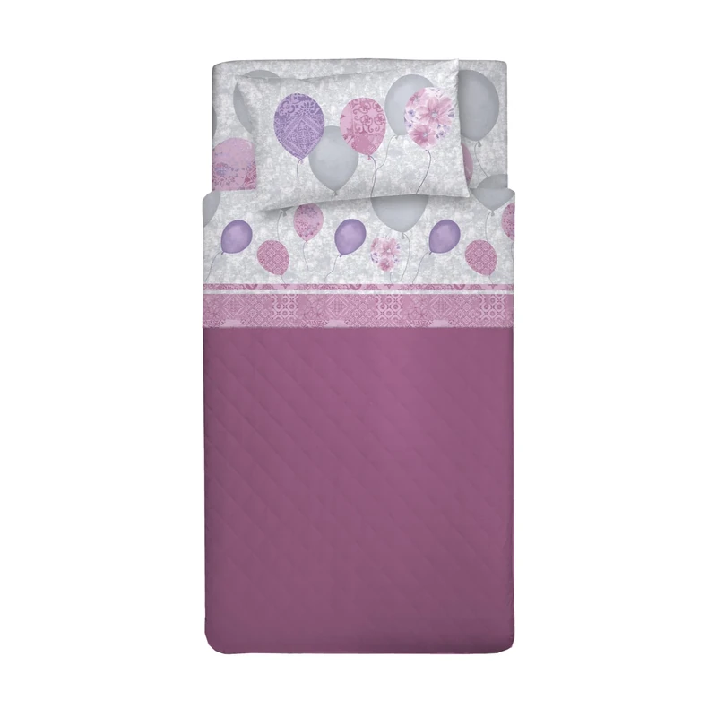 PENSIERI DELICATI 3/4 Bed Sheet Set, 100% Cotton, King (European), 120 x 200 cm, Includes Bottom Sheet, Top Sheet and 1 Pillowcase, Pink Balloons Pattern