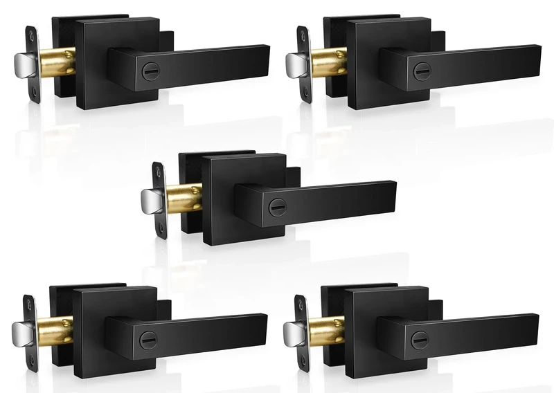 Onateel 5 Pack Matte Black Door Handles Privacy Door Levers, Heavy Duty Bed and Bath Door Locks Interior Door Knobs, Reversible Keyless Flat Levers with Square Rosette