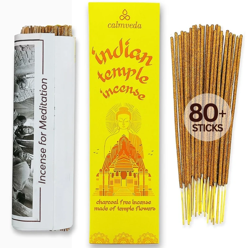 CALMVEDA Indian Temple Incense Sticks - 80 Charcoal Free Insensé Sticks, Made from Upcycled Flowers | Inspired by Siddhivinayak Temple (Mumbai) | Spiritual Incenses to add Calmness