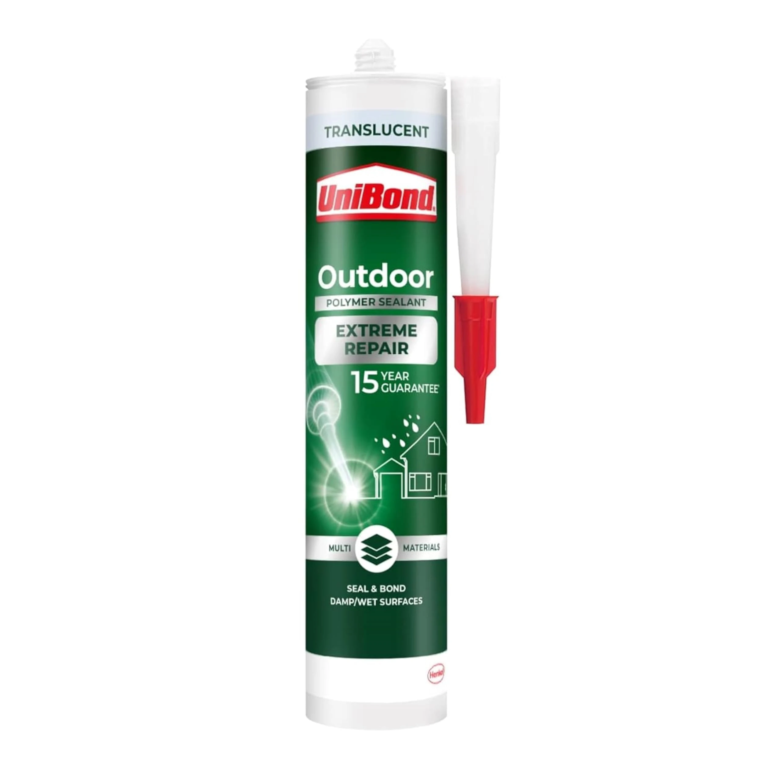 UniBond Outdoor Extreme Repair Sealant, Polymer Based Outdoor Sealant Suitable for Use on Various Materials*, Weather Resistant and Waterproof Sealant, Translucent, 1 x 294g Cartridge