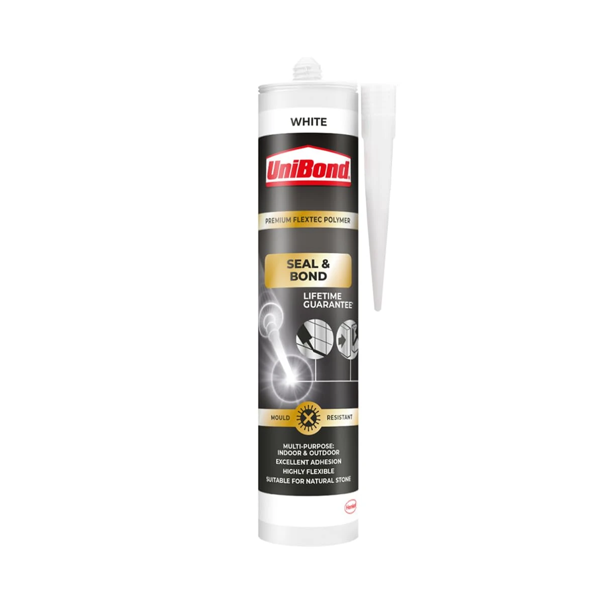 Unibond Seal & Bond Sealant, Mould-Resistant Sealant Suitable for Use in Kitchens and Bathrooms, White, 1 x 389g Cartridge