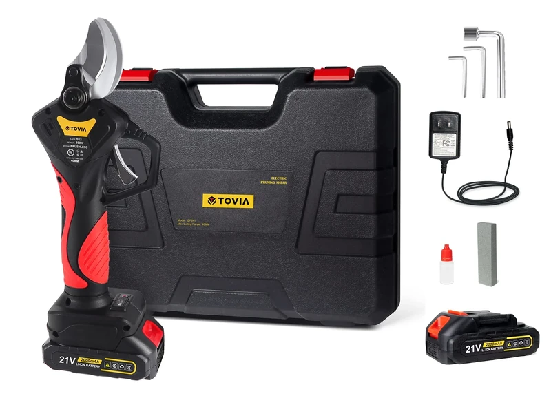 T TOVIA Electric Secateurs, Electric Pruning Shears 21V Electric Branch Cutter with 2PCS Backup Battery and Charger, Cordless Pruner with Brushless Motor, 1.6'' Max Cutting Diameter