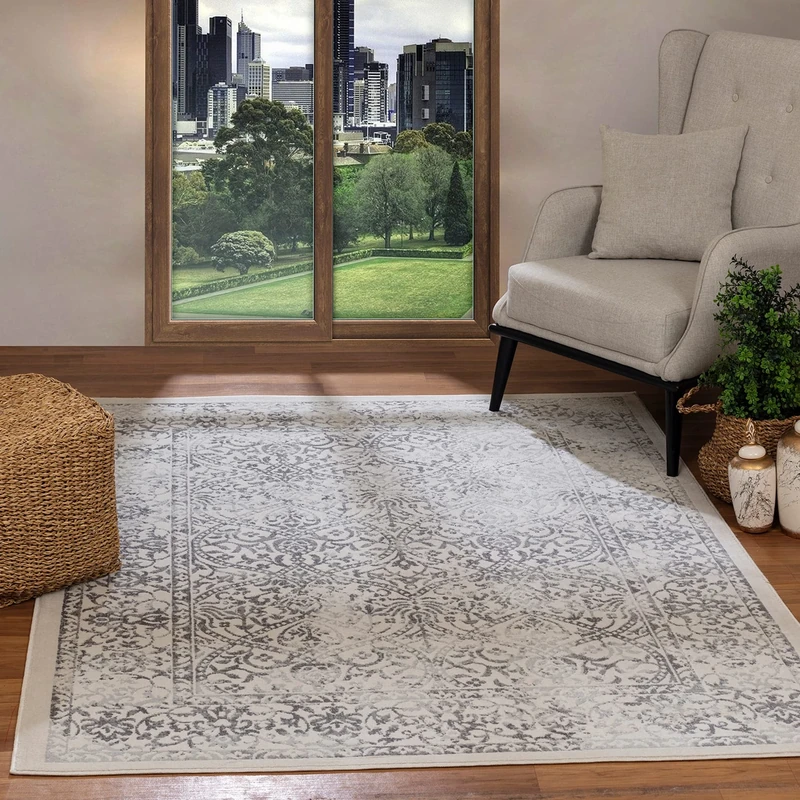 Livabliss Faro Vintage Rug - Area Rugs for Living Room 200x274 cm, Bedroom - Scandi Neutral Rugs, Traditional Patterned Boho Style, Natural Easy Care Pile - Large Rug, Grey, Slate and Ivory
