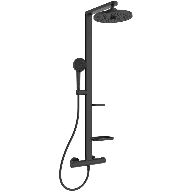 Ideal Standard Ceratherm Alu+ Exposed Shower System, Made from 100% Recycled Aluminum, Water-Saving showerhead with Adjustable Spray Modes and Scald Protection – Matt Black (356x501x1113 mm)