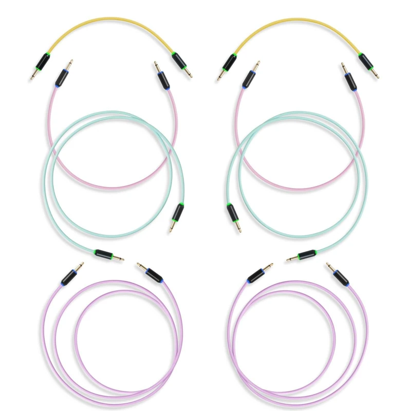 MyVolts Candycords Halo LED patch cables 8-pack, straight mini mono jack to straight mini mono jack, 2x15cm Yellow, 2x30cm Pink, 2x50cm Green and 2x80cm Purple