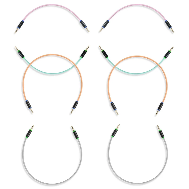 MyVolts Candycords Halo LED patch cables 8-pack, straight mini mono jack to straight mini mono jack, 2x15cm Pink, 2x15cm Green, 2x50cm Peach and 2x50cm Grey