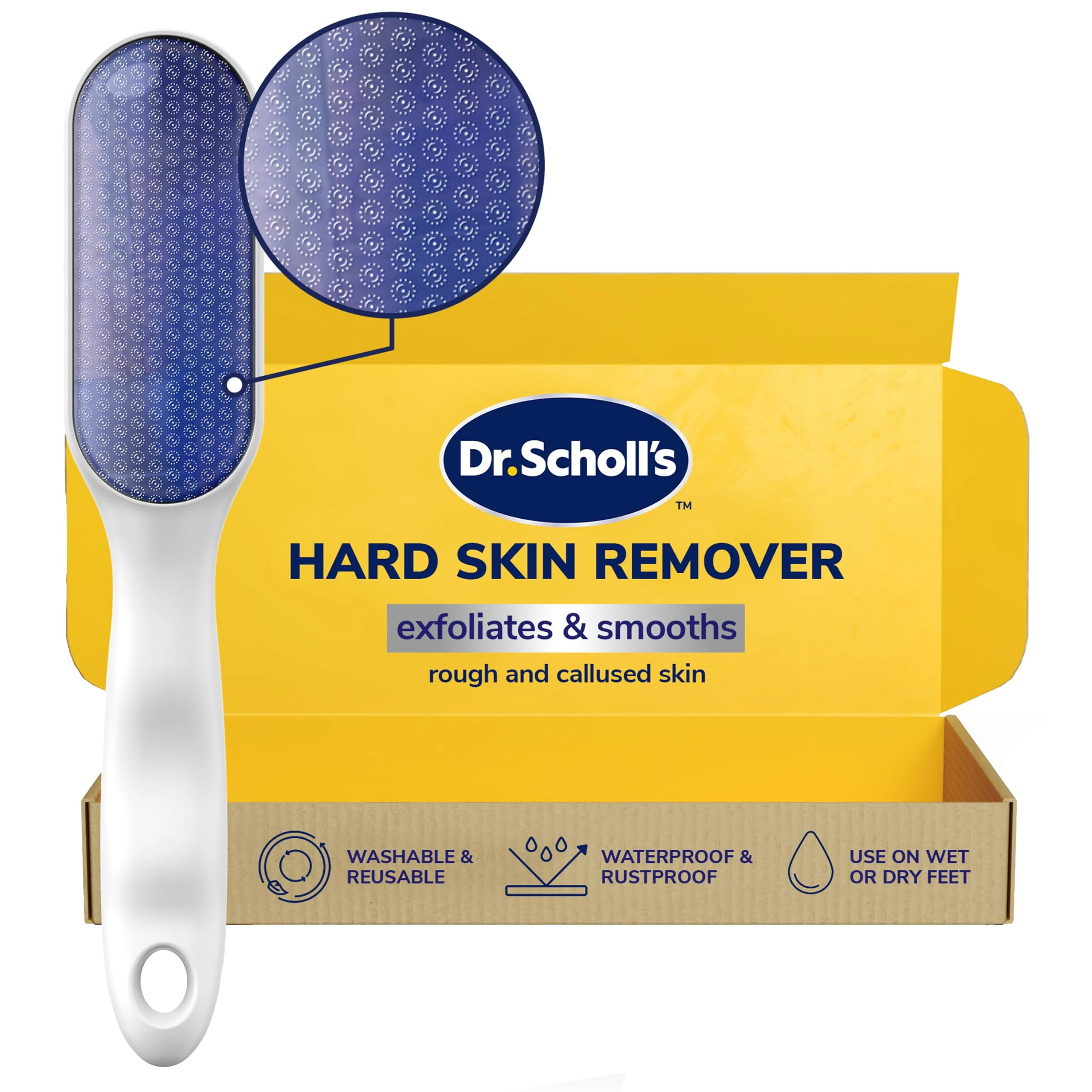 Dr. Scholl’s Nano Glass Foot File - Immediately Removes Hard Skin on Wet or Dry Feet, Waterproof & Rustproof, Gentle Dead Skin and Callus Remover, Pedicure Foot Scrubber for Shower, Soft-Grip Handle