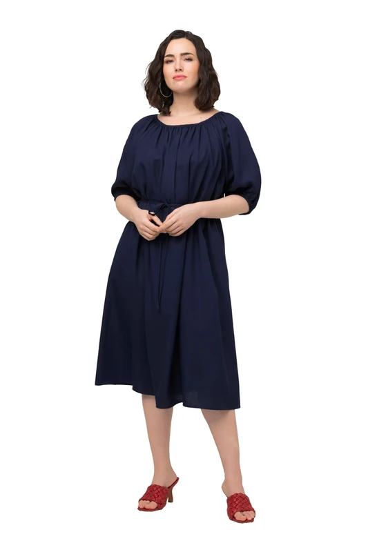 Ulla Popken, Women's Large Size Midi Dress Tie Belt Round Neck Balloon Half Sleeve, Steel Blue, 20-22