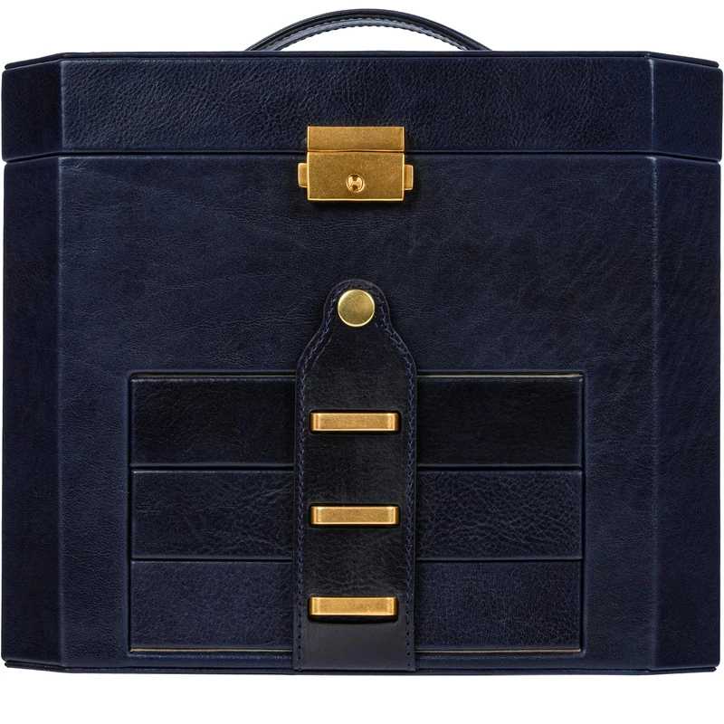 Time Resistance Leather Jewelry Box - Full Grain Leather Jewellery Organizer - Navy Blue Accessories Storage Key -Lock Box for Women (Blue)