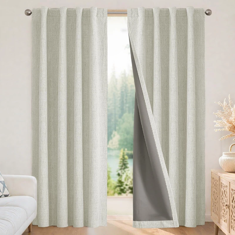 Joydeco Linen Curtains 96 inches Long 100% Blackout Drapes 95 inch Length 2 Panels Set for Bedroom Living Room Black Out Darkening Curtain Thermal Insulated Back tab Rod Pocket(52x96 inch,Light Beige)