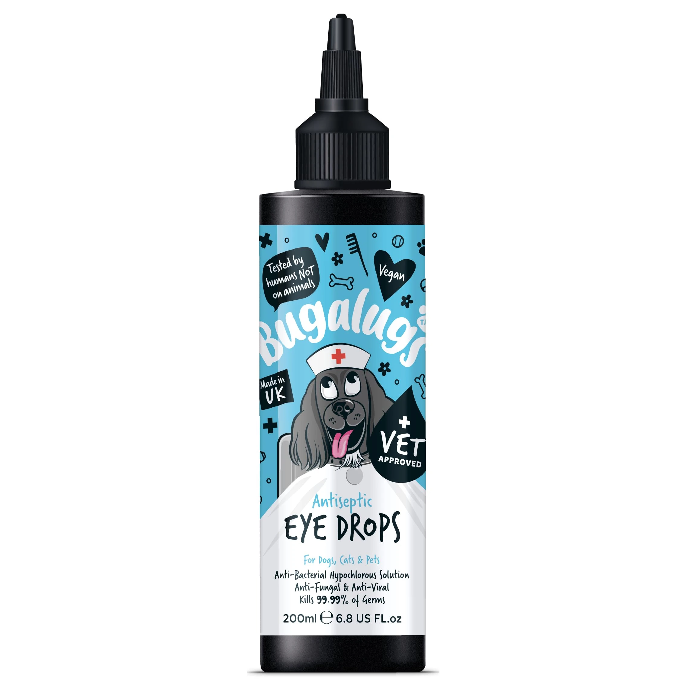 BUGALUGS Dog Eye Drops 200ml, Antiseptic eye drops for dogs, puppy, cats & animals. Antibacterial helps dry, itchy, irritated, gunky & tear stain eyes. Eye Wash Cleaner