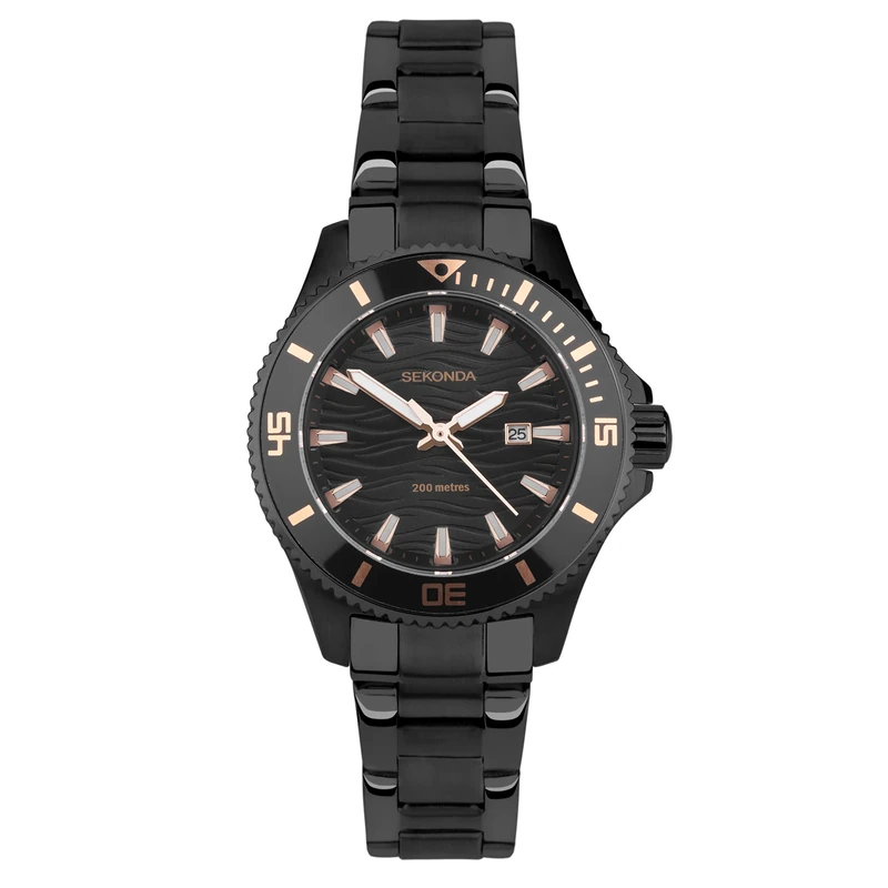Sekonda Pacific Wave Ladies 34mm Quartz Watch in Black with Analogue Date Display, and Black Stainless Steel Strap 40573