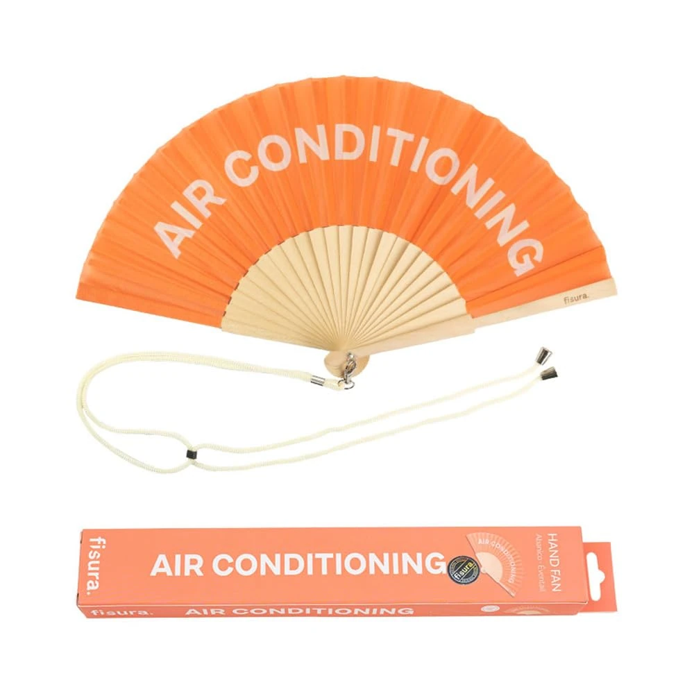 Fisura – Original orange handheld folding fan with “air conditioning”. Colorful wooden fan, perfect for gifts, wedding party decoration. Hanger included.