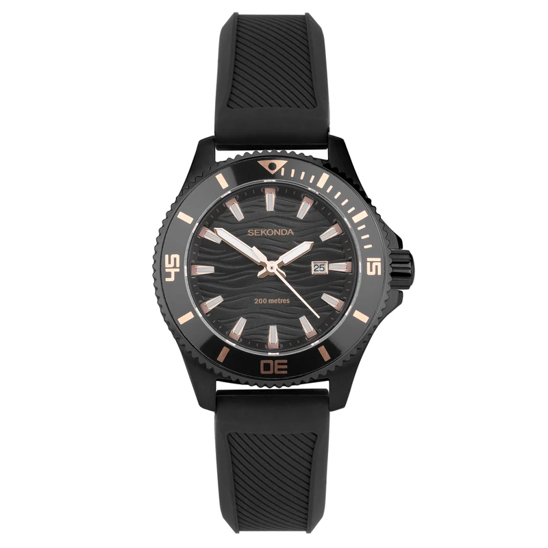 Sekonda Pacific Wave Ladies 34mm Quartz Watch in Black with Analogue Date Display, and Black Silicone Strap 40574