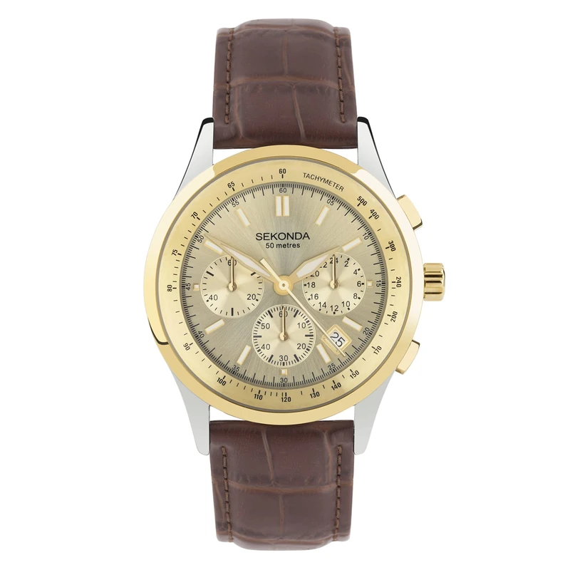 Sekonda Racer Mens 42mm Quartz Watch in Champagne with Analogue Date Display, and Brown Leather Strap 30110
