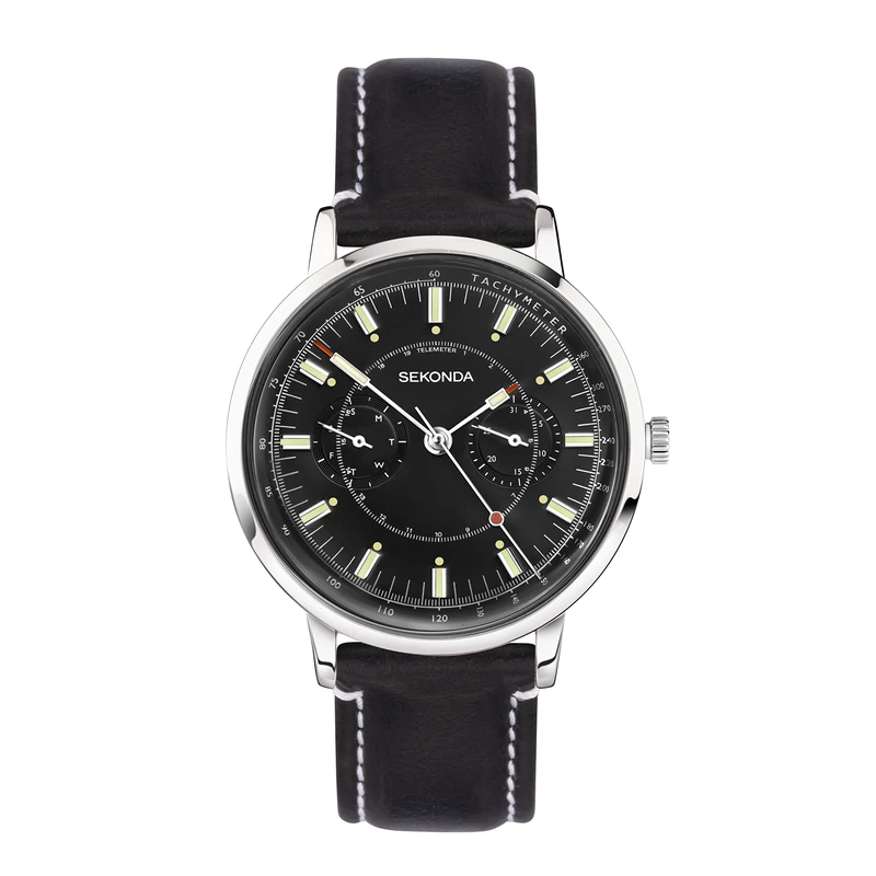 Sekonda 1978 Mens 38mm Quartz Watch in Black with Analogue Day/Date Display, and Black Leather Strap 30098