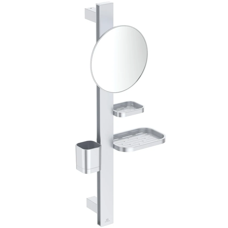 Ideal Standard Alu+ Beauty mirror, Accessory combination S, with Ø 205 mm cosmetic mirror (3x magnification) and adjustable shelves, made from 84% recycled aluminum – Silver (310.5x160x717 mm)