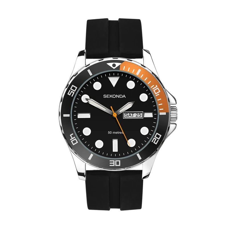 Sekonda Balearic Mens 44mm Quartz Watch in Black with Analogue Day/Date Display, and Black Rubber Strap 30118
